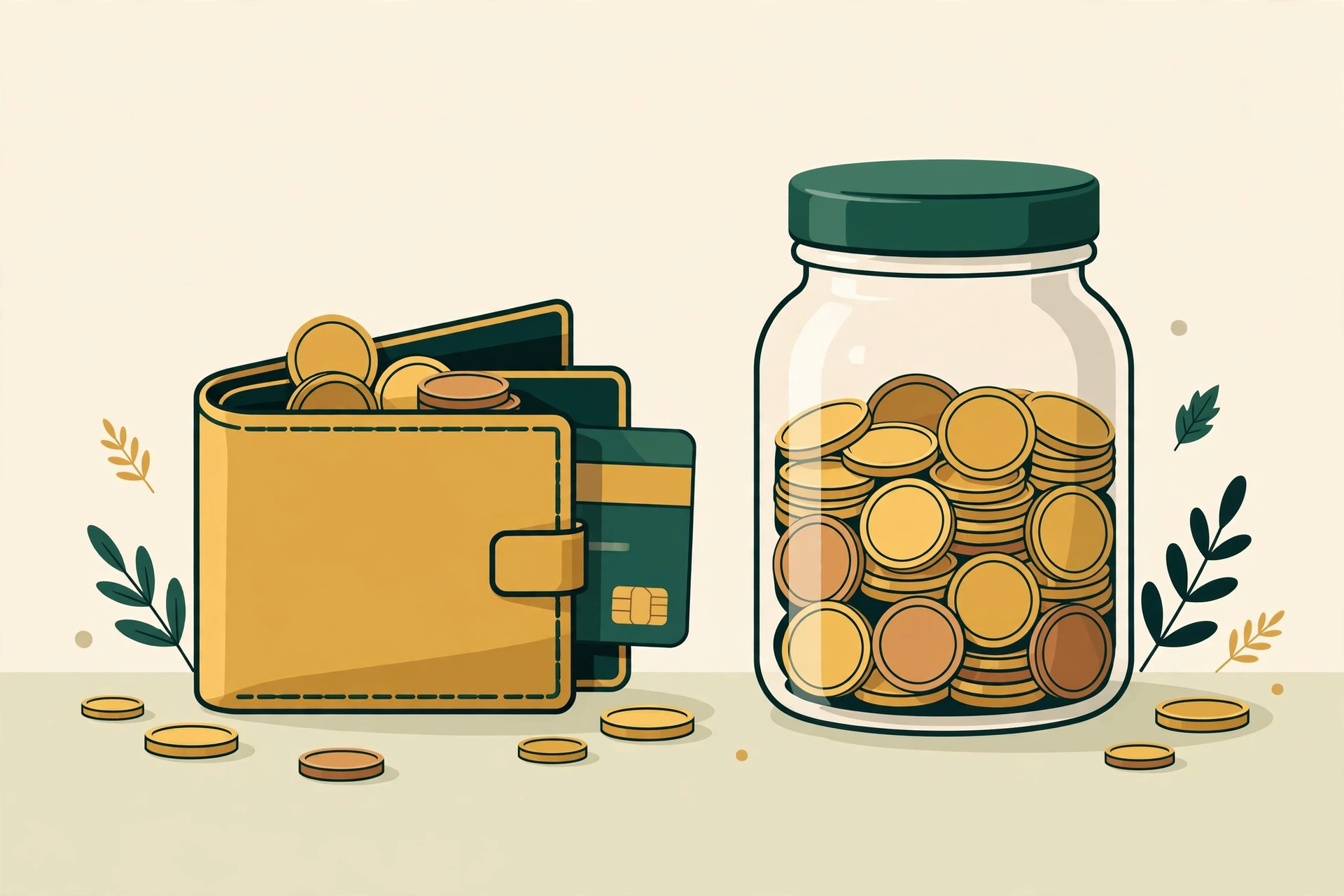 Wallet with a card beside a full savings jar — checking vs savings accounts explained, and how people use both together