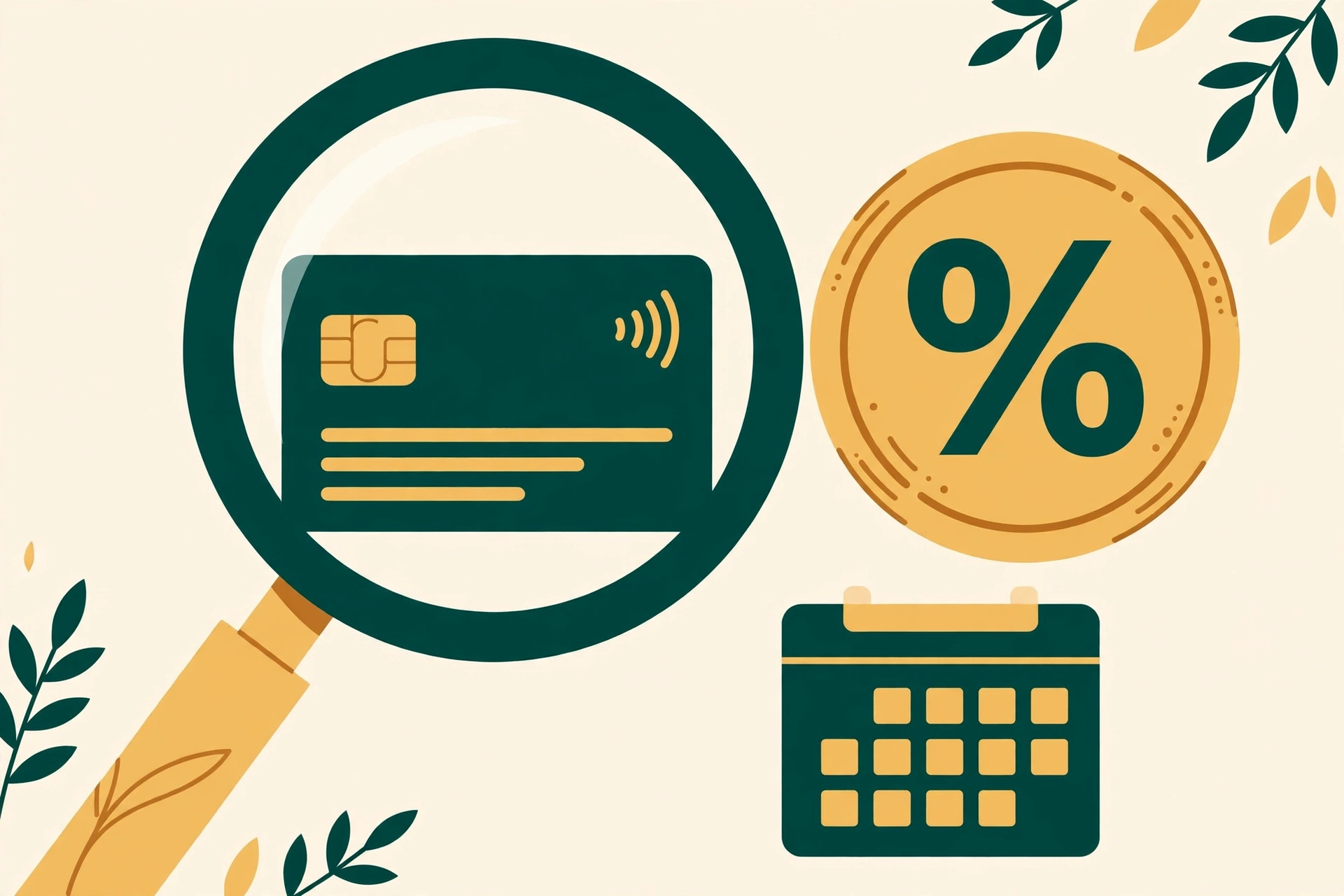 Credit card under a magnifying glass beside a percent-symbol coin and a calendar — what credit card APR is and how interest is charged