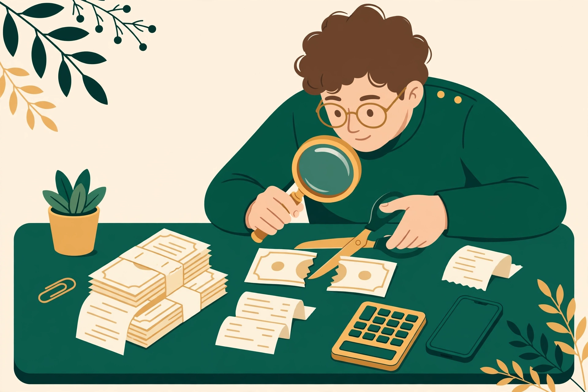 Person reviewing household bills with a magnifying glass and cutting one in half — how to lower your monthly bills with a bill audit
