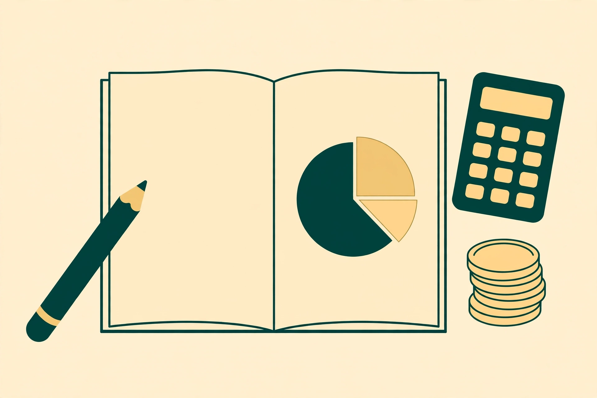 Notebook with a budget pie chart, calculator and coins — how to make a budget using the 50/30/20 rule