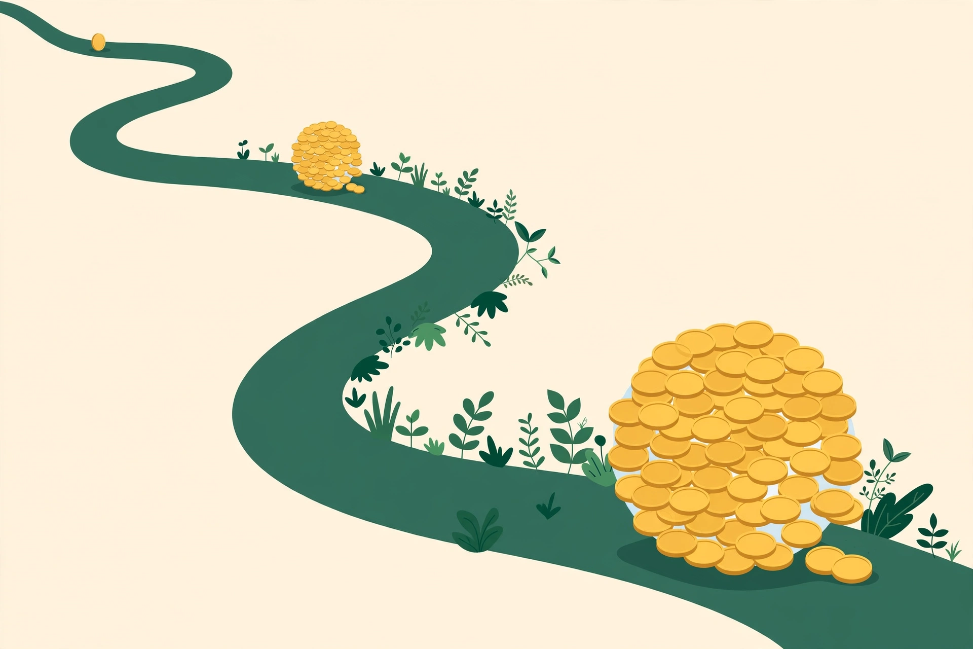 A single coin gathering into a growing ball of coins along a winding path — how compound interest works, shown with a simple example