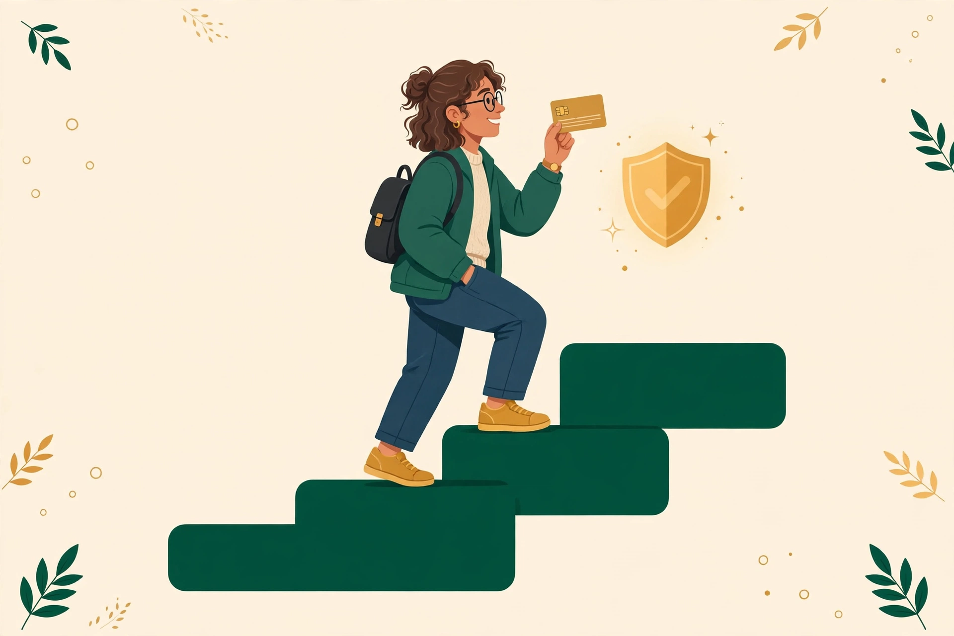 Person climbing steps while holding a first credit card beside a shield — how to build credit from scratch, step by step