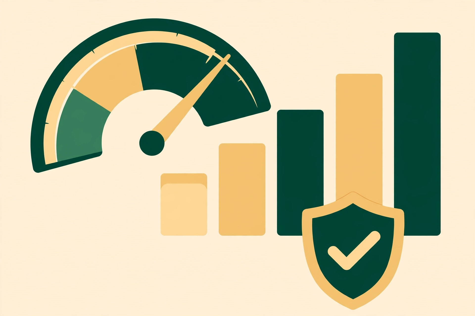 Credit score gauge pointing high beside rising bars and a shield — how to improve your credit score