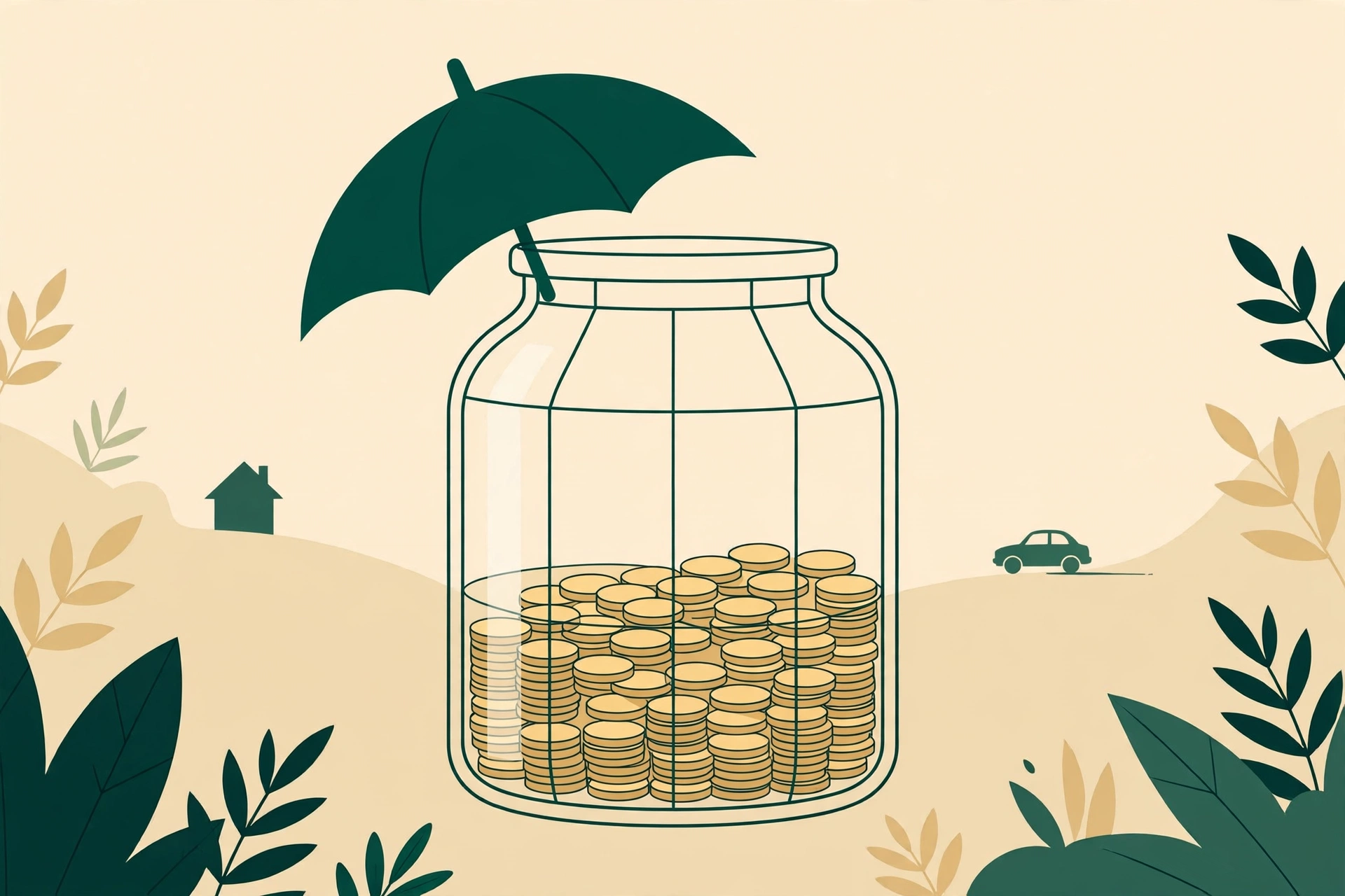 Glass savings jar of coins sheltered by an umbrella — how to build an emergency fund for life's surprises