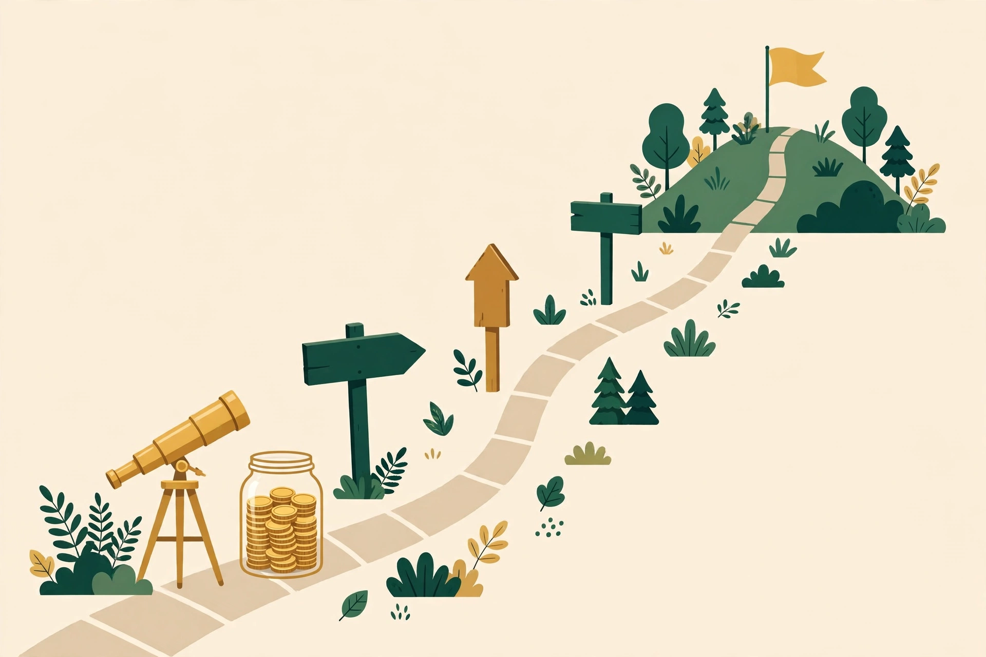 Path with signposts leading to a flag on a hill, a telescope and a jar of coins at the start — how to set financial goals that stick