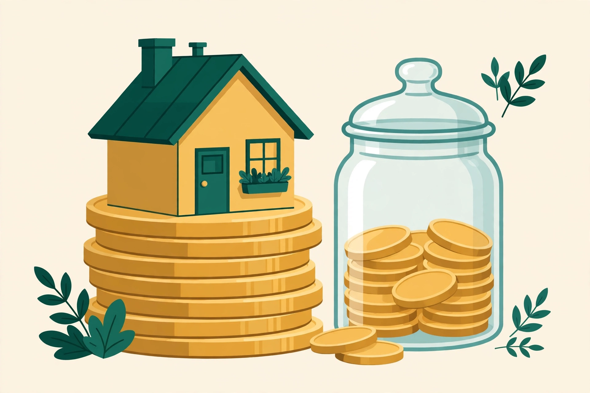 Small house standing on a stack of coins beside a savings jar — how to save for a house down payment with a target and a timeline