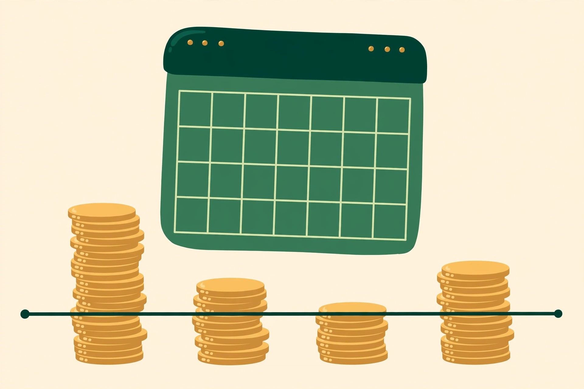 Calendar with uneven stacks of coins under different weeks and a steady line across them — budgeting on an irregular income using a baseline month