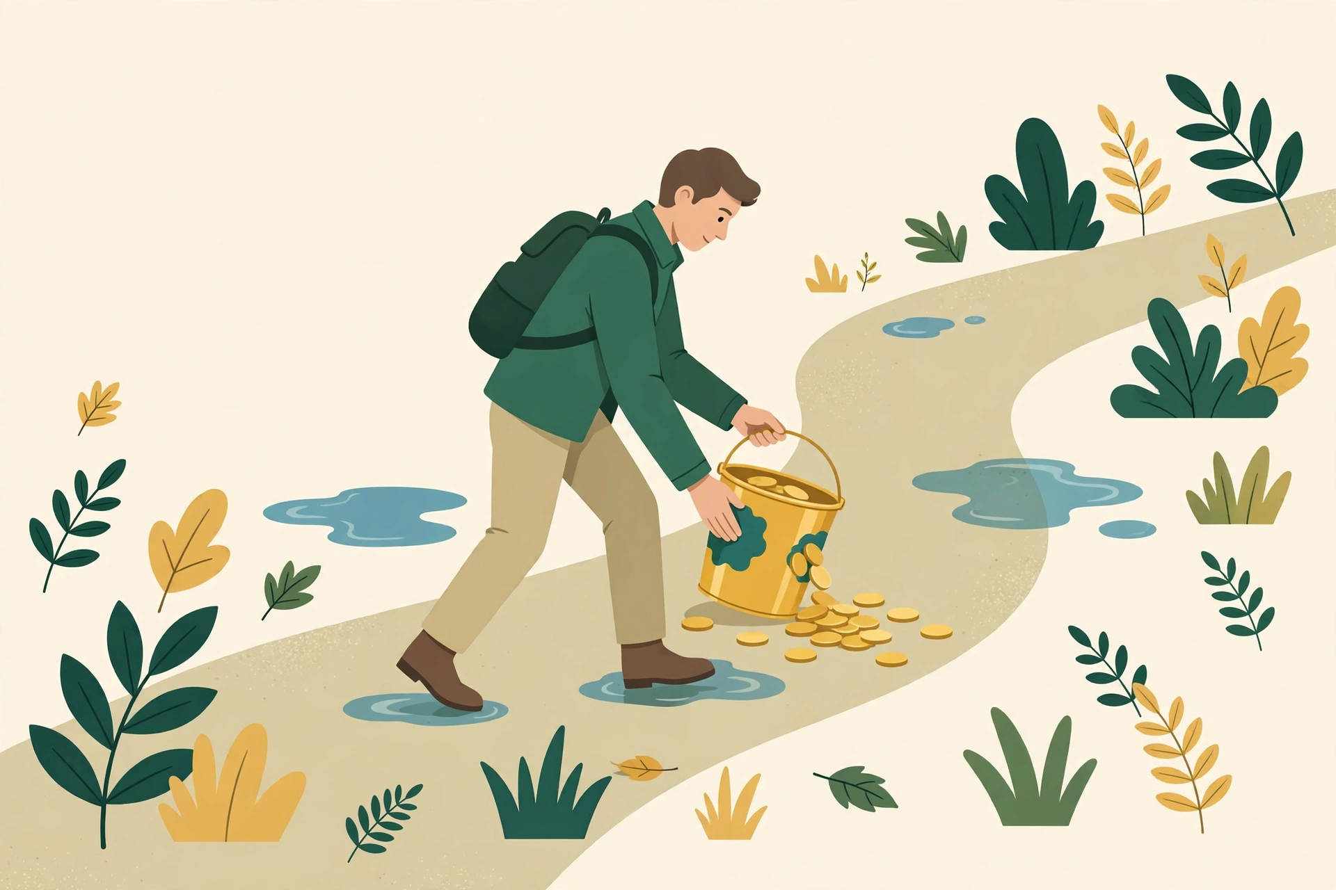 Person calmly patching a leaking bucket of coins on a path — common money mistakes and how to avoid them, without the guilt trip