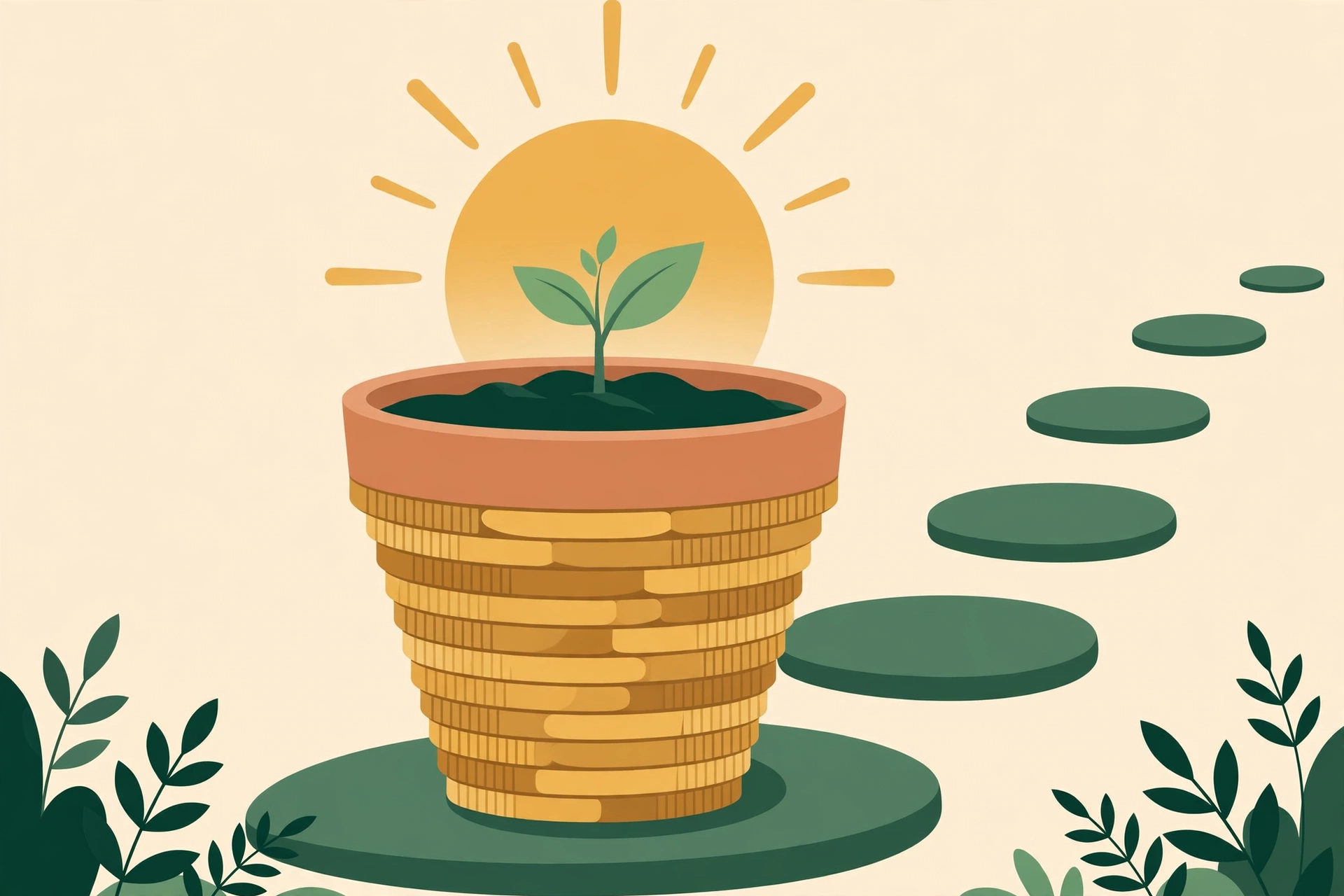 Seedling growing from a pot of stacked coins under a rising sun — retirement accounts explained, including 401(k) and IRA basics