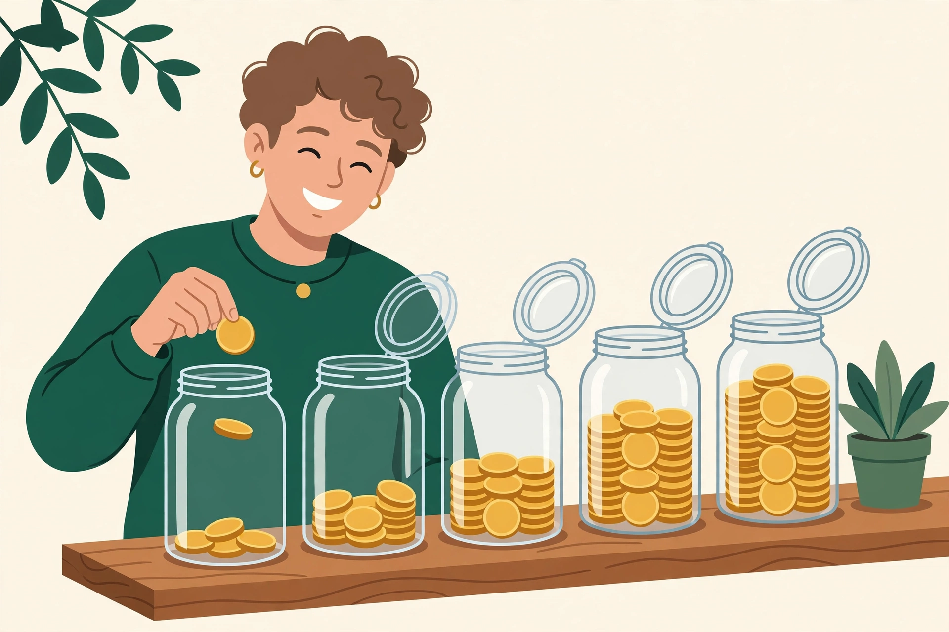Row of glass jars filling up with coins on a shelf — how to start saving money on any income, one small transfer at a time
